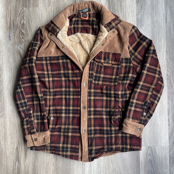 Men's Brown Plaid Flannel Fleece Shacket Lined Button Up Jacket Sz L Corduroy - Picture 1 of 5